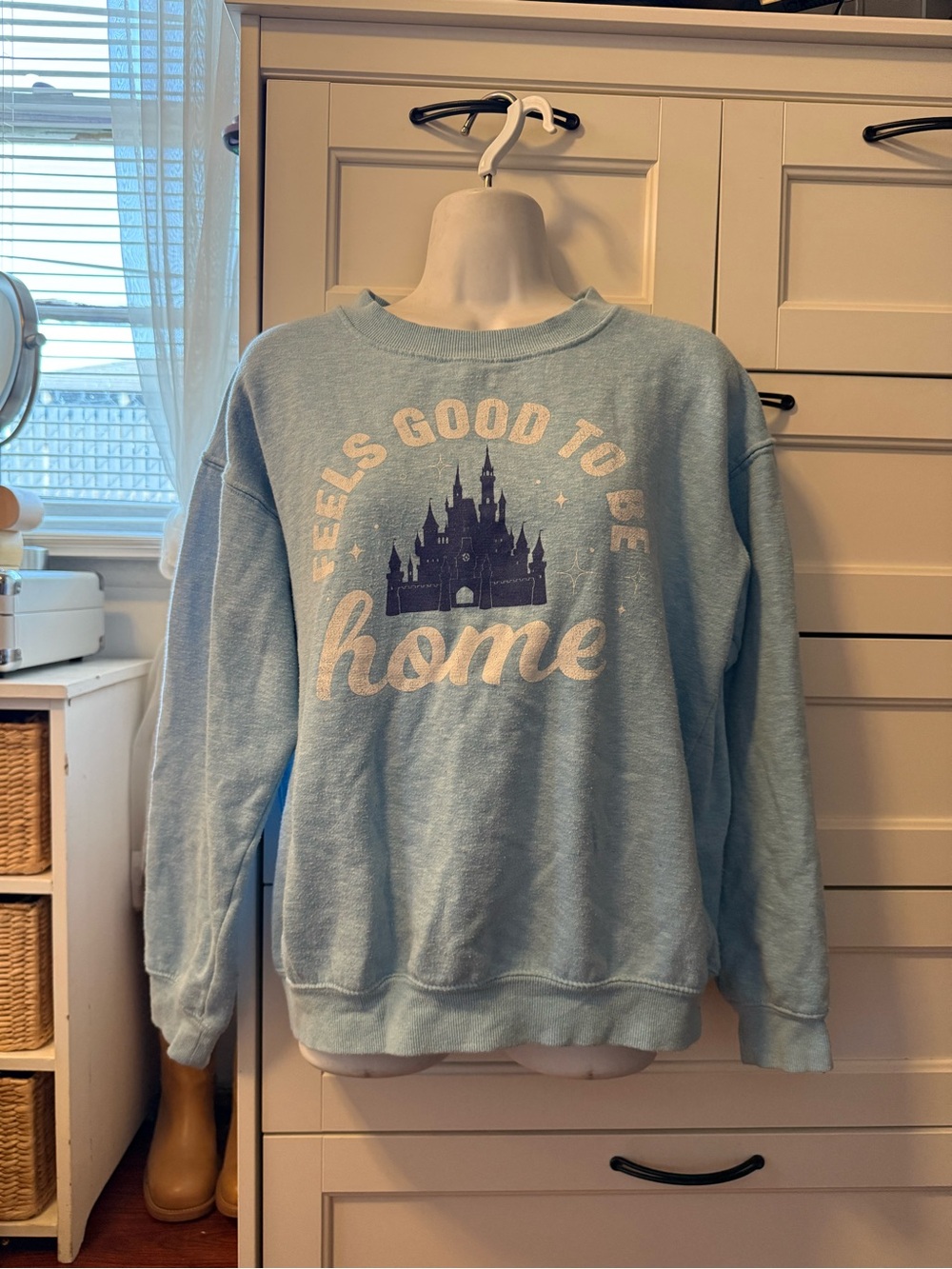 Light Blue 'Feels Good to Be Home' Castle Disneyland Graphic Sweatshirt